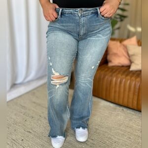 Judy Blue Mid-Rise Tummy Control Jeans Flare Hem Retro Distressed Denim Pants